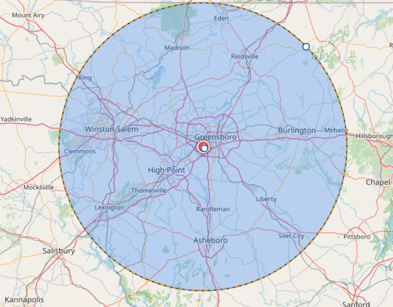 Triad service area map showing 35-mile radius